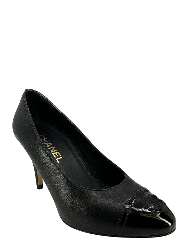 Ladies shoes for power dressing empower daily -Chanel Black Lambskin Pumps With Patent Leather CC Size 6.5