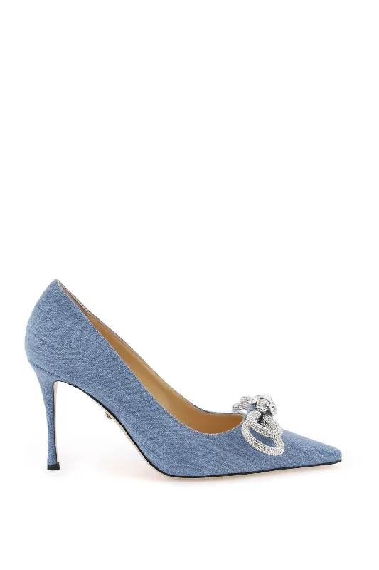 Ladies shoes featuring knit fabrics feel soft -Mach e mach denim pumps with crystals