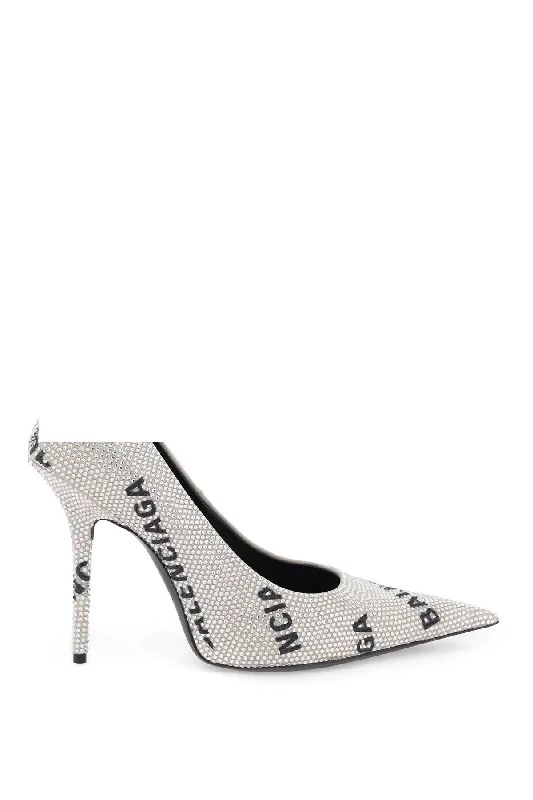 Ladies shoes with sturdy bases stay firm -Balenciaga logoed square knife pumps with rhinestones