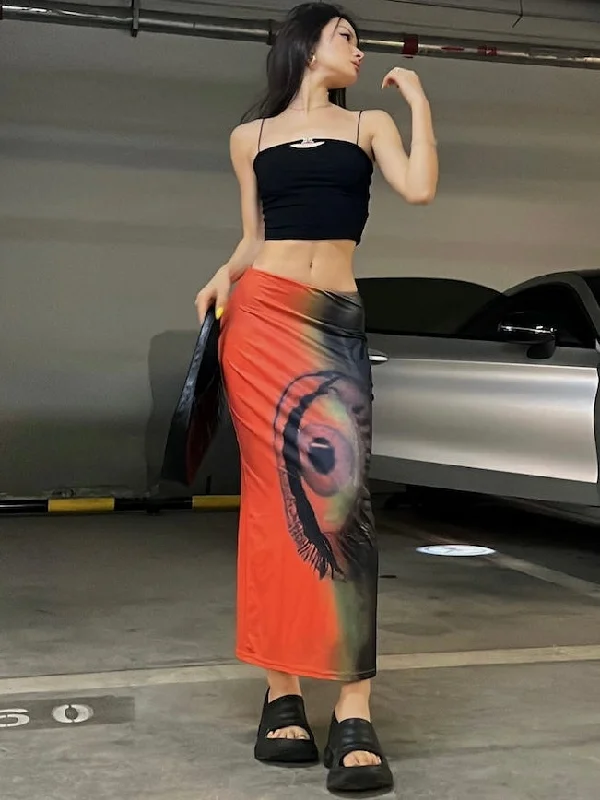 Leather Dresses for Luxury -Roah Orange & Black Eye Print High Waist Slim Long Skirt