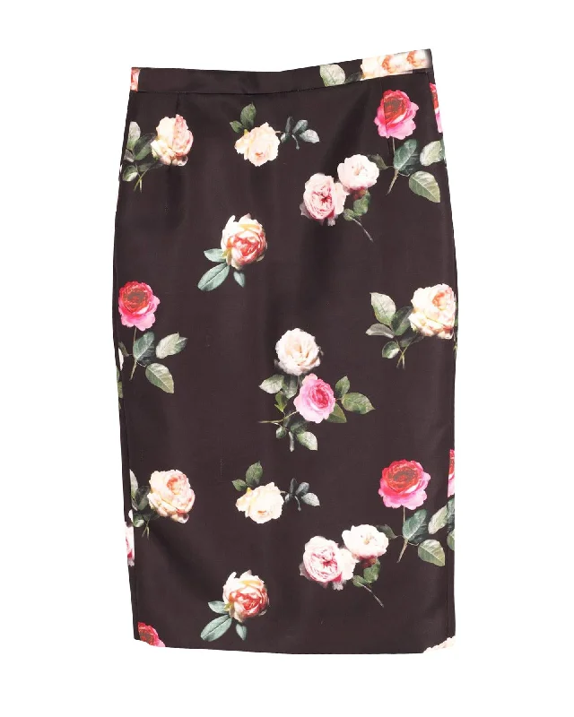 Patterned midi skirts for eye-catching style -Floral Silk Midi Pencil Skirt in Black Print by N.21