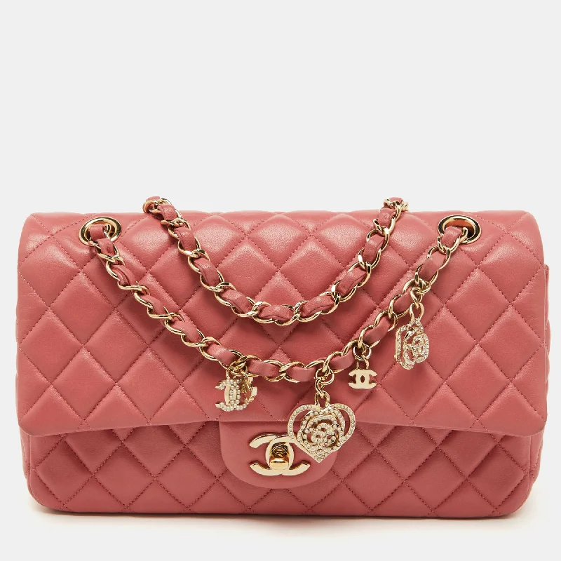 Quilted handle bags with stylish textured finish -Chanel Peach Pink Quilted Leather Medium Classic Double Flap Bag