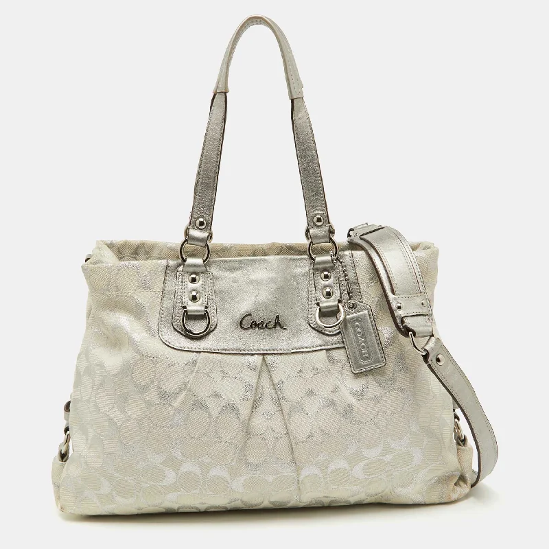 Handle bags with elegant gold-tone hardware -Coach White/silver Signature Canvas And Leather Ashley Tote