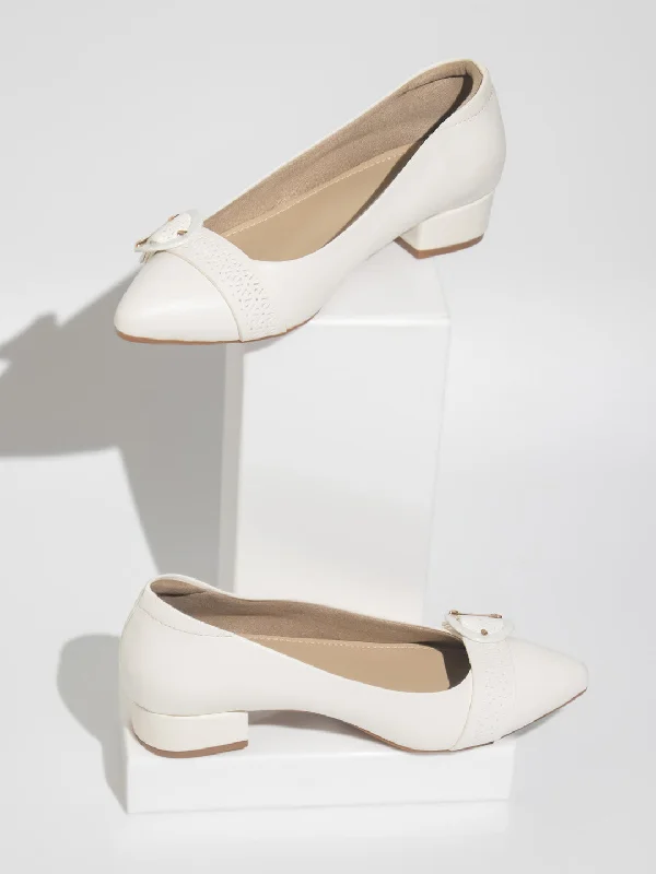 Ladies shoes featuring metallic shades shine bright -Women White Pointed Toe Block Pumps With Buckles Details