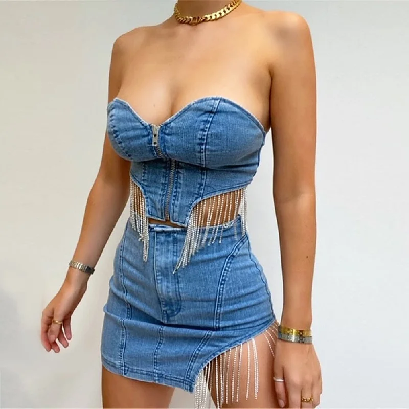 Vintage skirts for retro-inspired fashion vibes -Women's Denim Party Strapless Zippers Tight Tank Tops Slit Mini Skirts