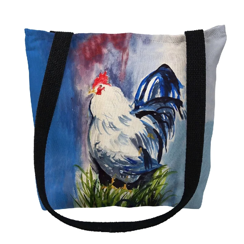 Handle bags with bright florals for cheer -Blue & White Rooster Small Tote Bag 13x13