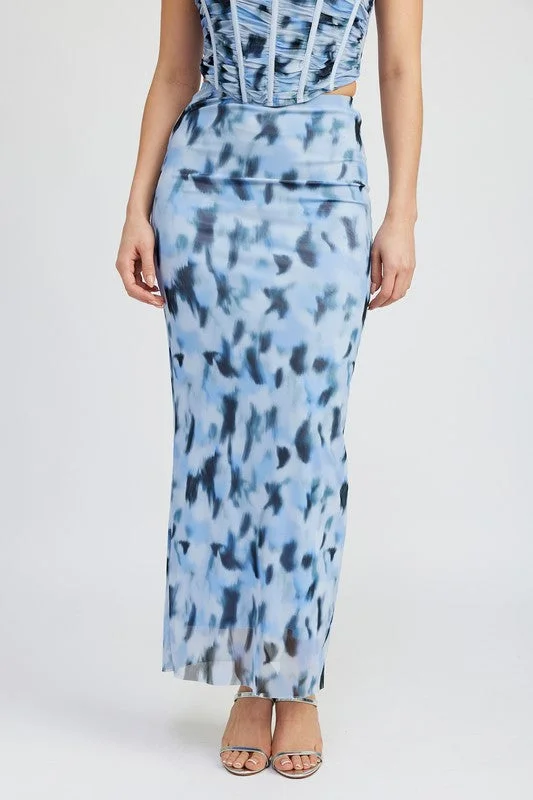 Khaki Dresses for Casual -PRINTED MESH MAXI SKIRT