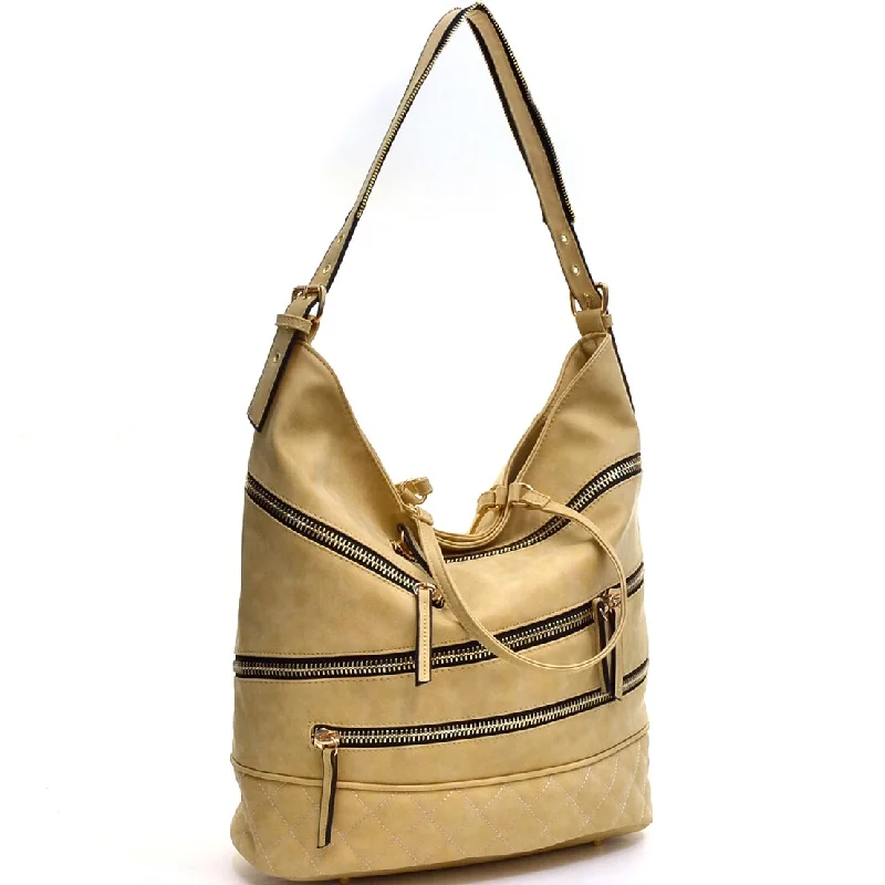 Handle bags with padded handles for comfort -Dasein Gold Quilted Hobo Bag Faux Leather Zip Front Shoulder Strap 17X13.5X8