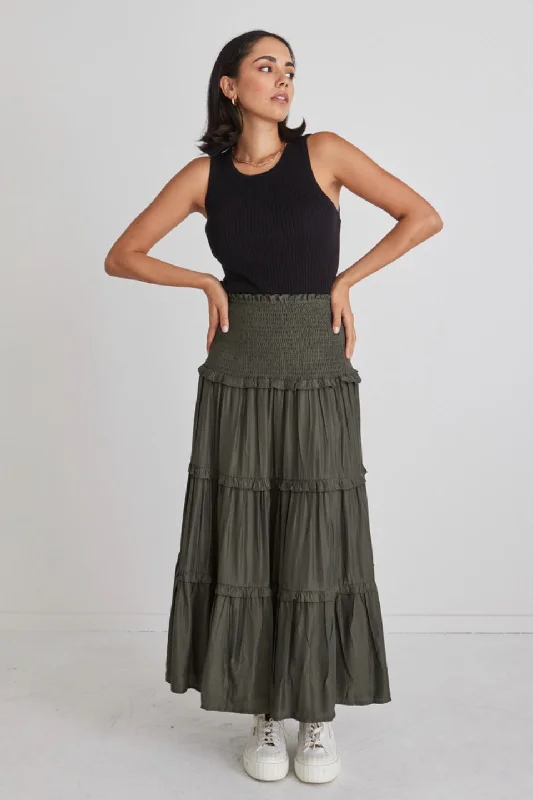 Denim Dresses for Casual Style -Soaring High Dark Khaki Satin Shirred Waist Tiered Midi Skirt