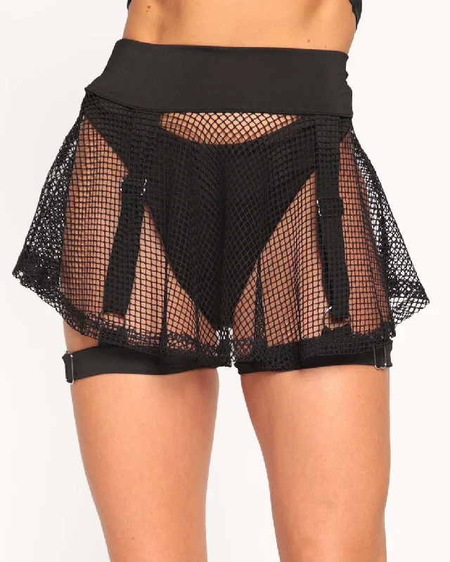 Flowy floral skirts for springtime elegance -Freaky Fishnet Garter Mini Skirt