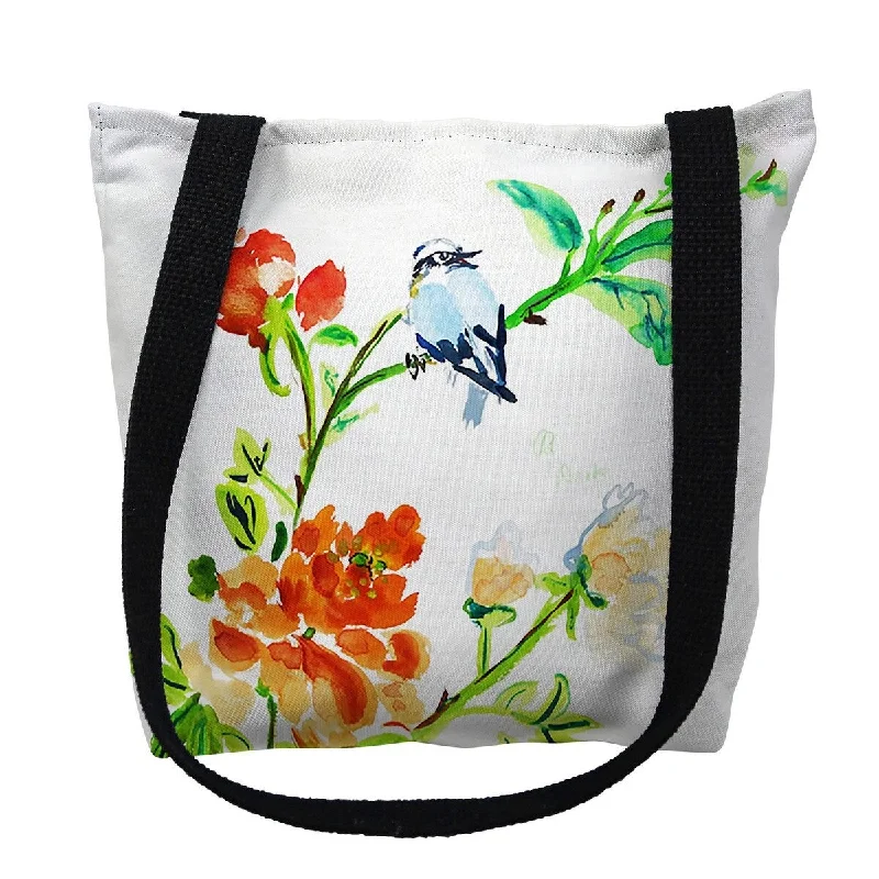 Handle bags with eco-friendly bamboo handles -Blue Bird & Flowers Small Tote Bag 13x13