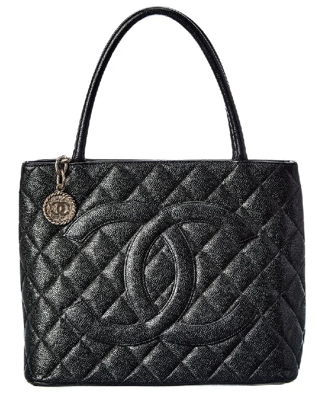 Handle bags with soft leather for luxury -Chanel Black Quilted Caviar Leather Medallion Tote (Authentic Pre-Owned)