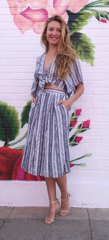 Party Dresses for Celebration -Blue Stripe Tie Top & Skirt Set