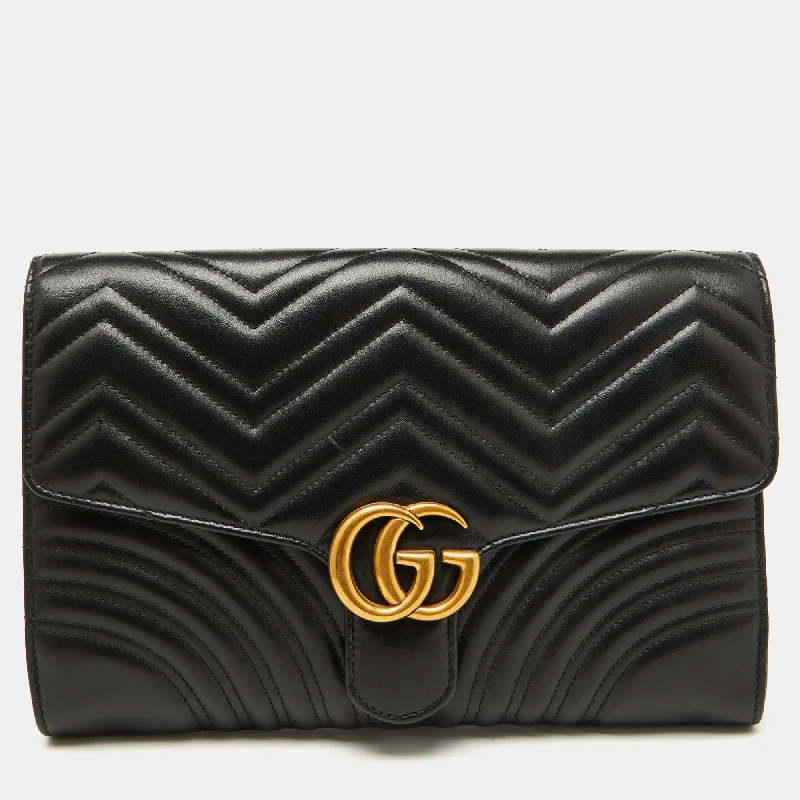 Handle bags with pastel colors for softness -Gucci Black Chevron Leather Gg Marmont Flap Clutch