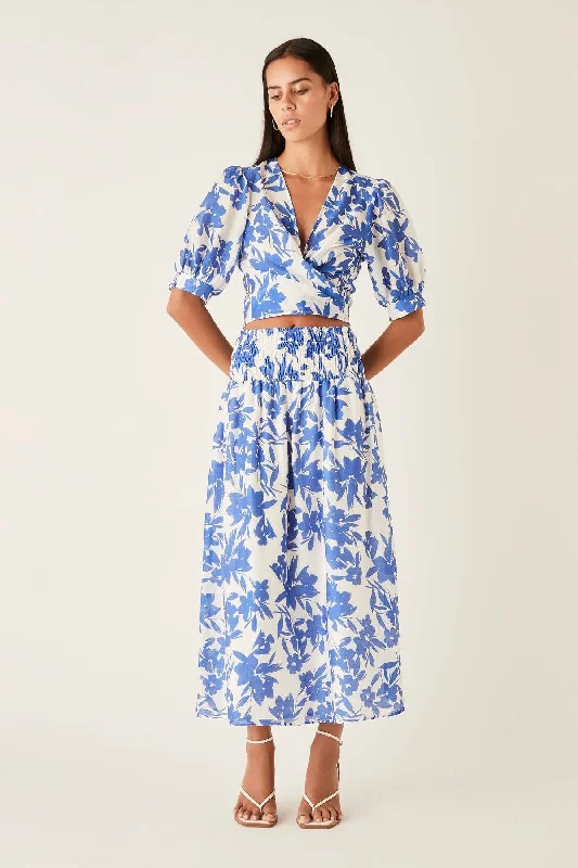 Flared Dresses for Retro -Santorini Blue Floral Midi Skirt