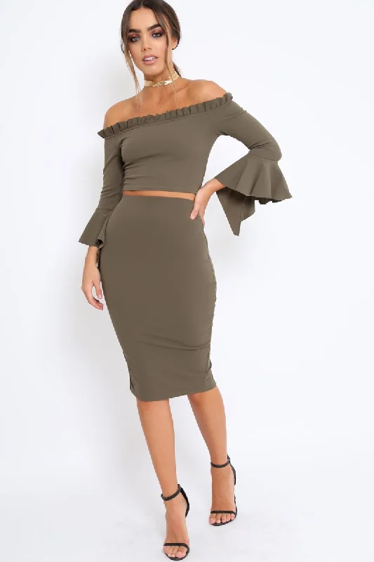 Birthday Dresses for Celebration -Khaki Midi Bodycon Skirt - Tiffy