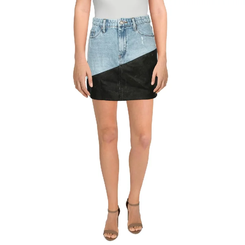 Faux Leather Dresses for Affordable -[BLANKNYC] Womens Denim Faux Leather Trim Mini Skirt