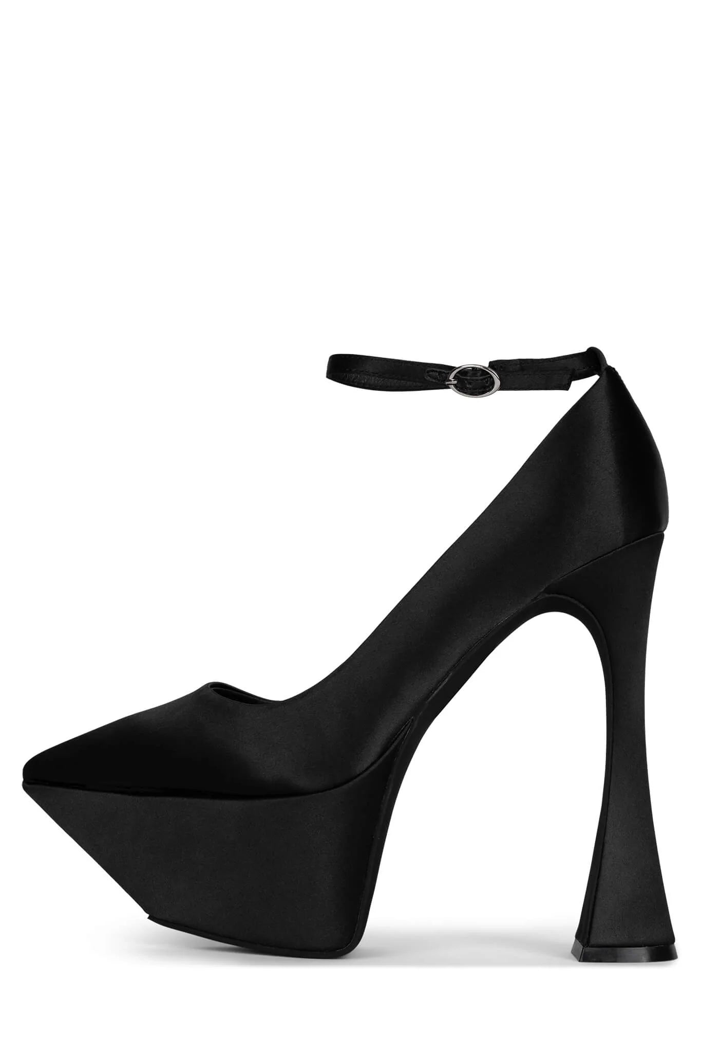 Ladies shoes with thick straps feel secure -Siouxsie High Heel Mary Jane Pumps - Black Satin