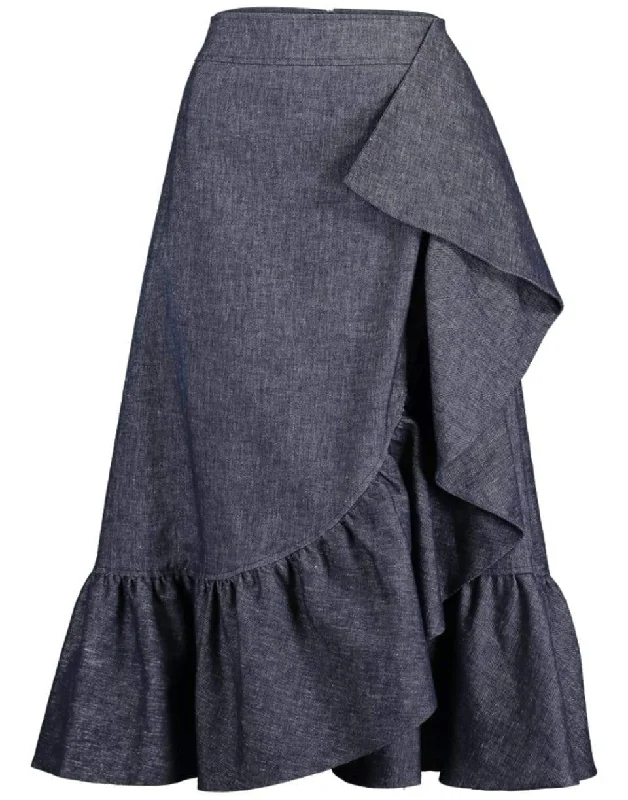 Vintage denim skirts for nostalgic charm -Ruffled Denim Midi Skirt