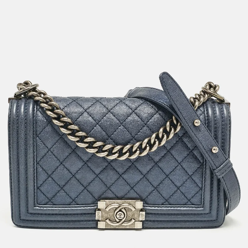 Handle bags with side pockets for organization -Chanel Navy Blue Quilted Leather Medium Boy Flap Bag