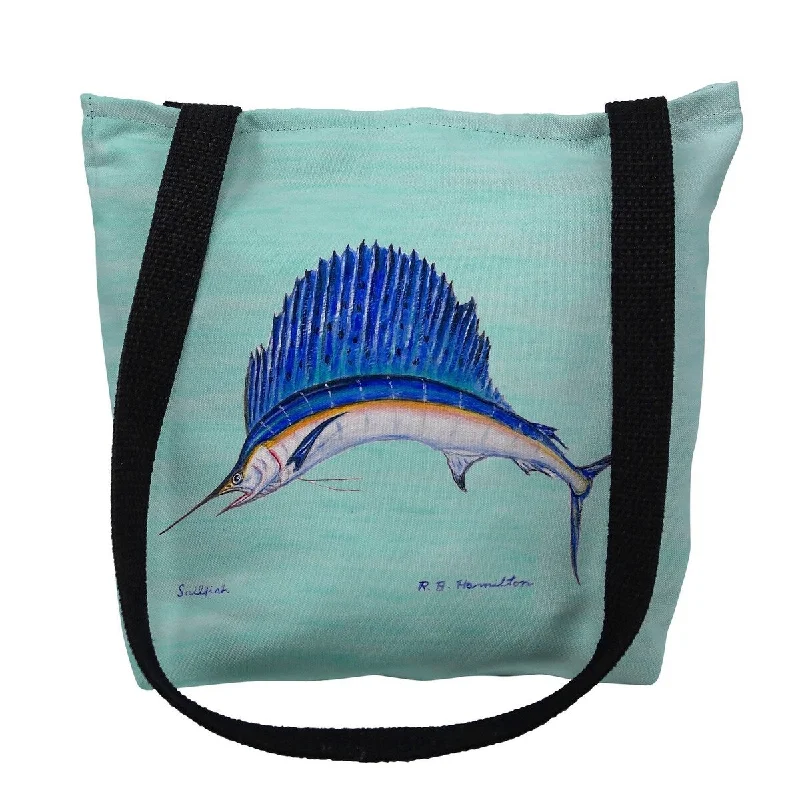 Handle bags with tropical prints for summer -Sailfish on Aqua Small Tote Bag 13x13