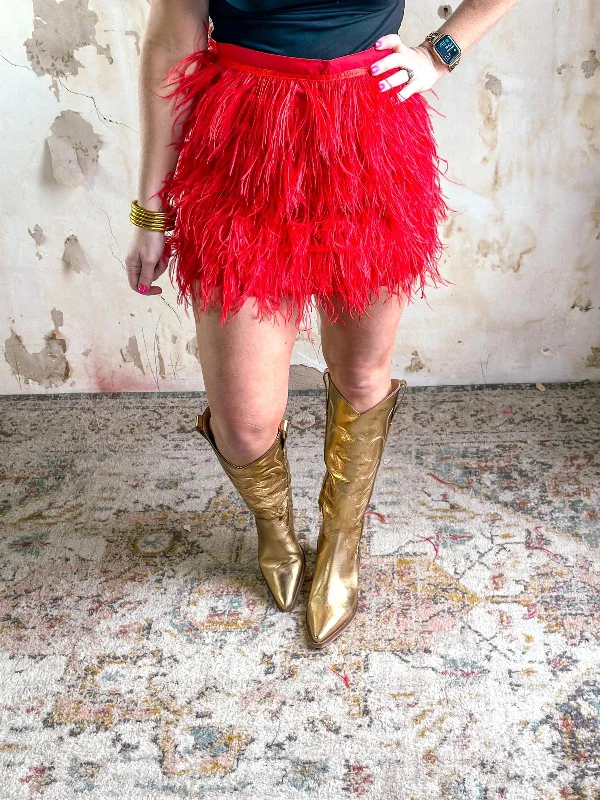 Denim Dresses for Casual Style -Queen of Sparkles: Bright Red Feather Skirt