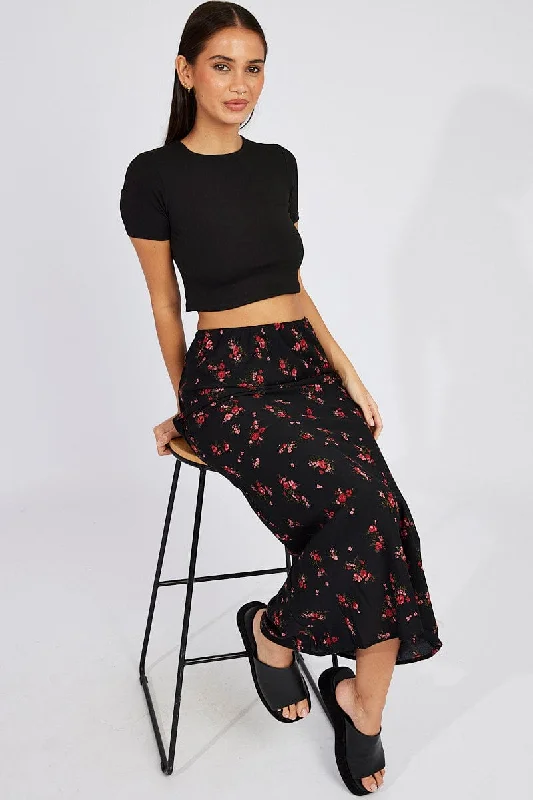 Christmas Dresses for Holiday -Black Floral Slip Skirt Maxi