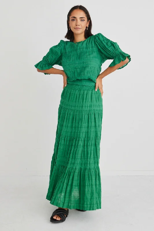 Embroidered Dresses for Detailed -Charming Palm Green Shirred Cotton Tiered Maxi Skirt