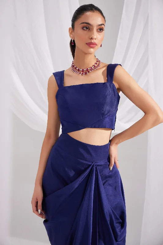 Stretchy skirts for all-body inclusivity -Midnight Blue Silk Bustier & Draped Skirt Set