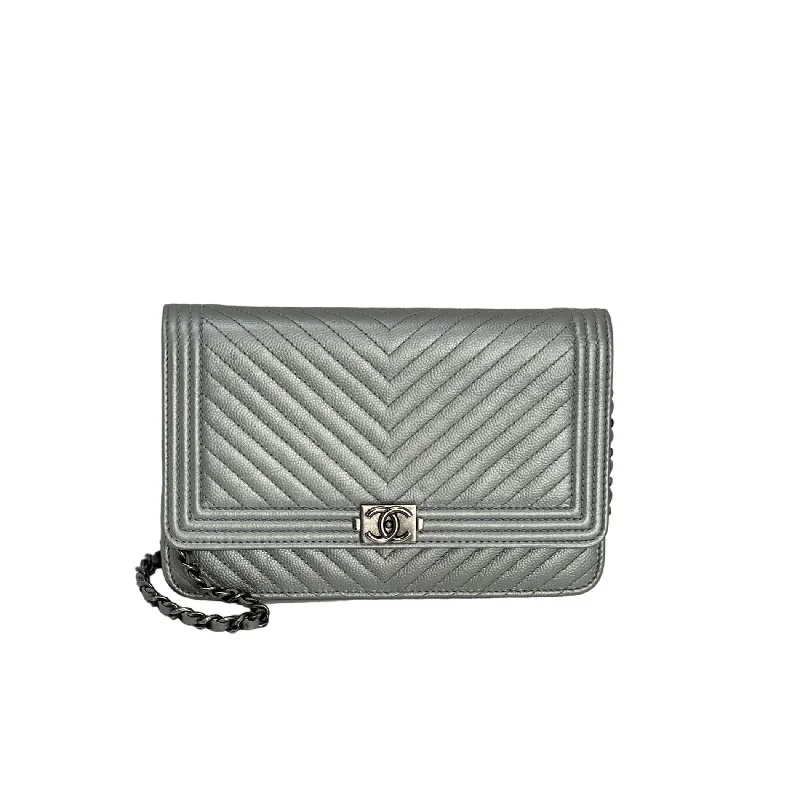 Handle bags with drawstring accents for style -Chanel Silver Caviar Chevron Quilted Boy Wallet on a Chain