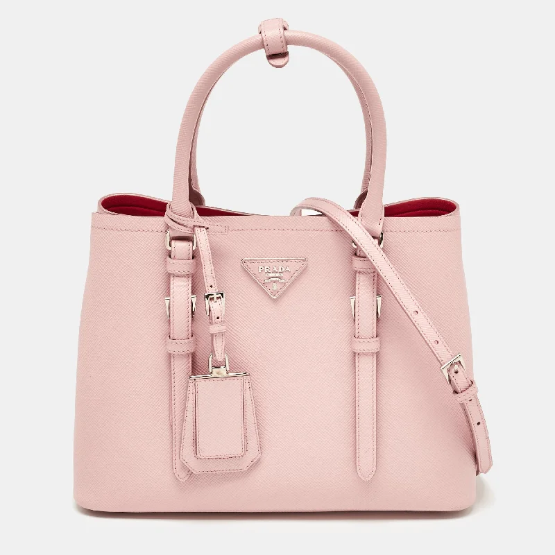 Handle bags with rustic leather for charm -Prada Pink Saffiano Cuir Leather Small Double Handle Tote