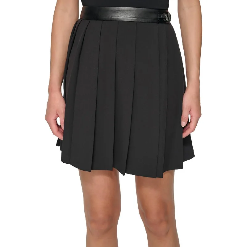 Cute pleated skirts for youthful school outfits -DKNY Womens Faux Leather Trim Short Pleated Skirt