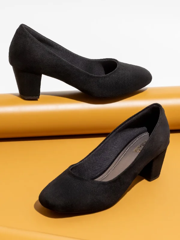 Ladies shoes with bright hues lift moods -Women Black Round Toe Block Heeled Pumps