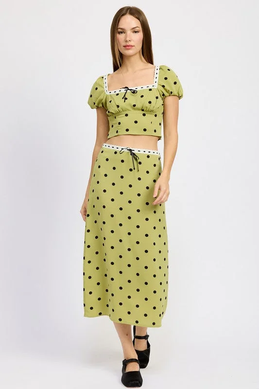 Resort Dresses for Vacation -POLKA DOT MIDI SKIRT WITH LACE TRIM