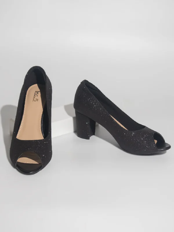 Ladies shoes for parties make bold statements -Women Black Textured Party Peep Toe Pumps