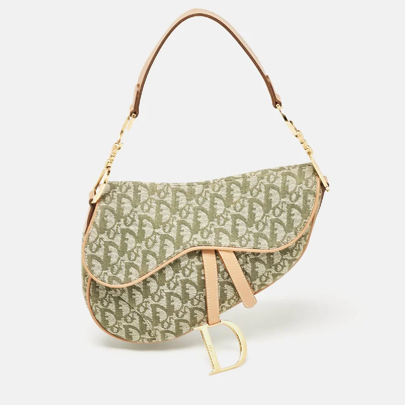 Handle bags with woven fabric for texture -Dior Green/tan Oblique Canvas Saddle Bag