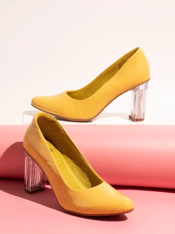 Ladies shoes with sleek sandals suit heat -Women Yellow Pointed Toe Block Pumps