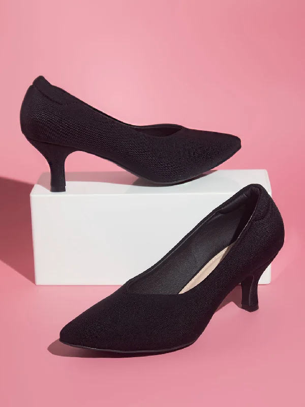 Ladies shoes with kitten heels feel dainty -Women Black Textured Kitten Pumps