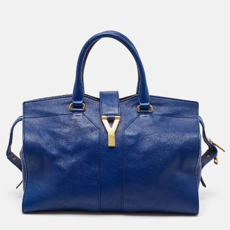 Handle bags with modern cutouts for style -Saint Laurent Blue Leather Medium Cabas Chyc Tote