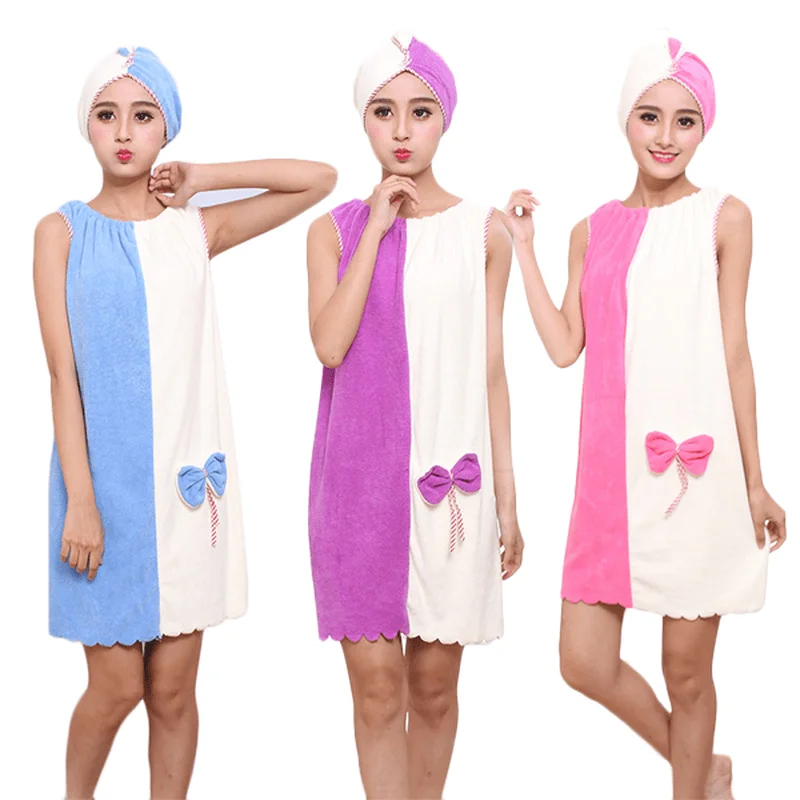 Patterned midi skirts for eye-catching style -Honana BX-969 Flannel Soft Absorbent Skirts Salon Bathrobe Women SPA Bath Towel with Hair Dry Cap