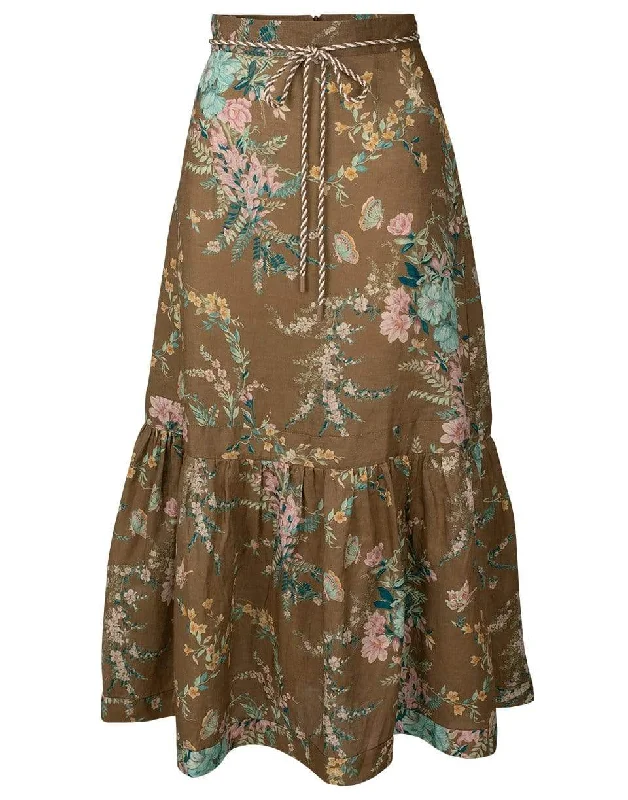 Durable denim skirts for rugged daily wear -Brown Floral Cassia Frill Hem Midi Skirt