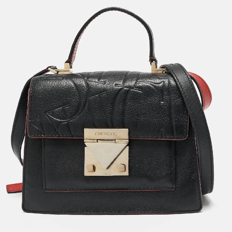 Handle bags with padded handles for comfort -Carolina Herrera Black Embossed Leather Pushlock Flap Top Handle Bag