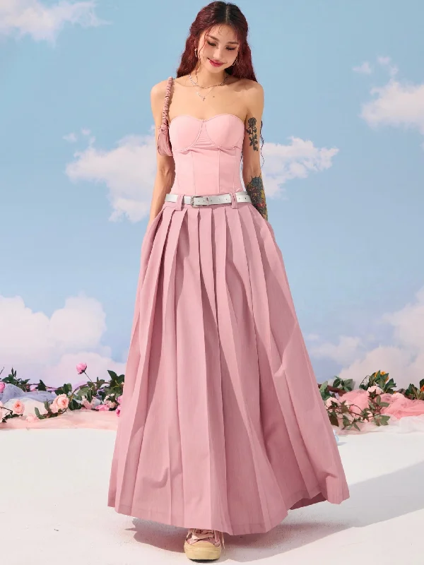 Midi Dresses for Versatile Wear -Halley Solid Color Waist Belt High Waist Pleated A-Line Long Skirt