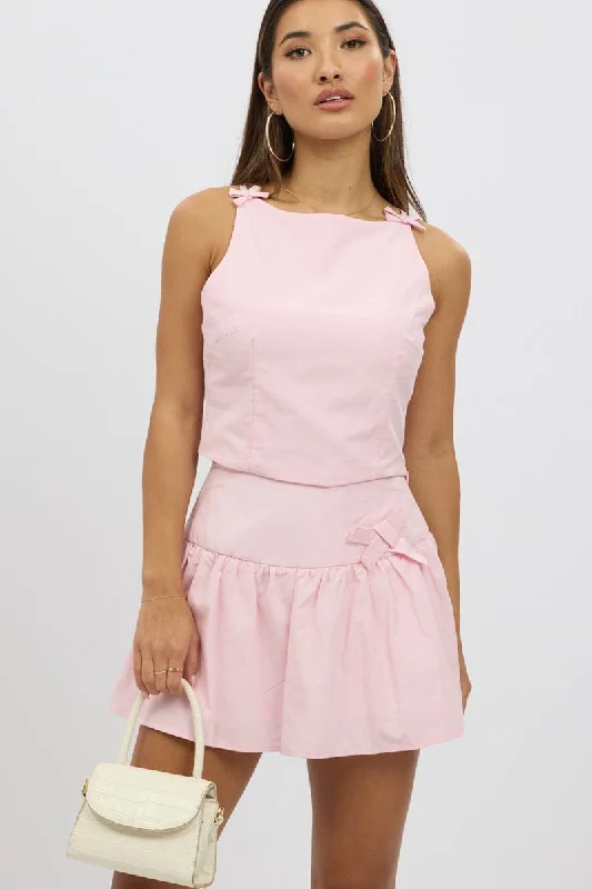 Minimalist Dresses for Simplicity -Pink Mini Skort High Rise Lined Bow Detail