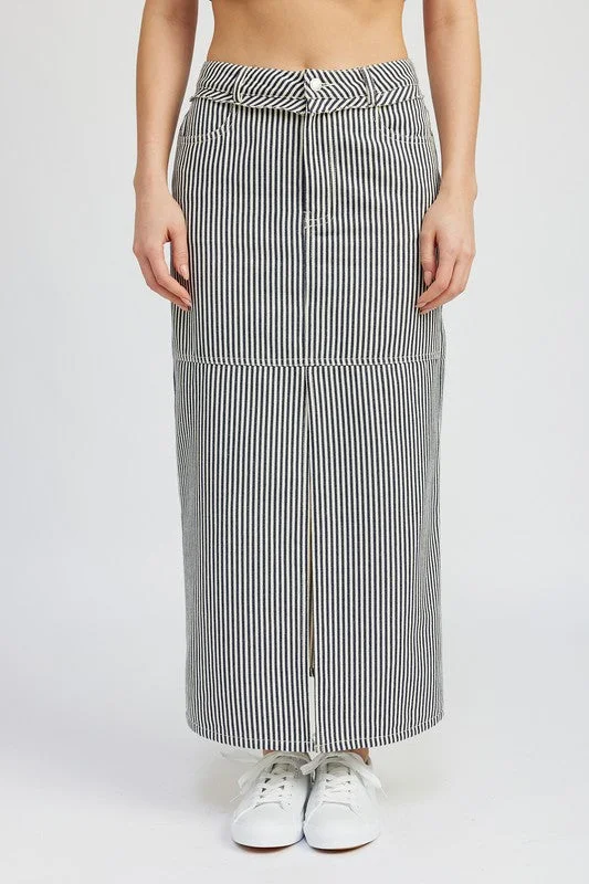 High-waisted Dresses for Flatter -STRIPED TWILL MAXI SKIRT WITH SLIT