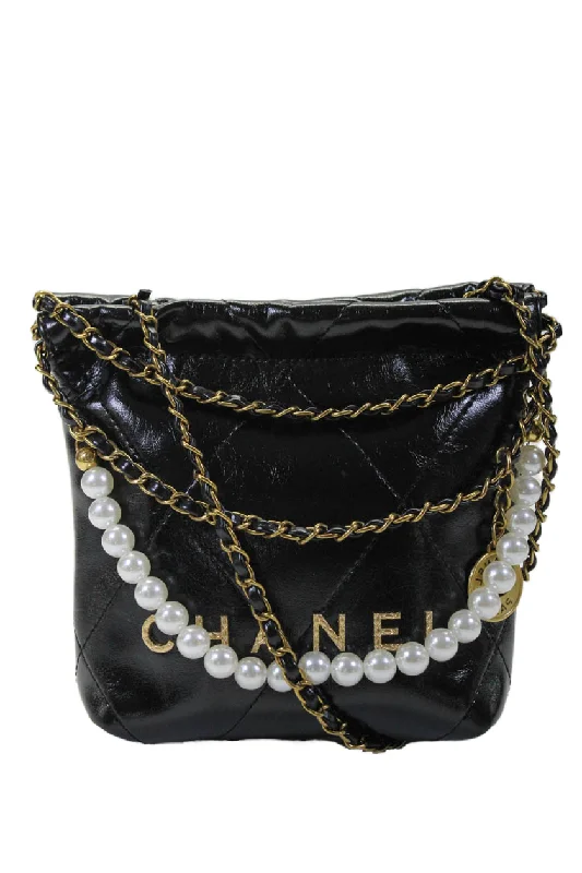 Handle bags with laptop sleeves for work -Chanel Womens Quilted Leather Logo Faux Pearl Mini 22 Hobo Handbag Black