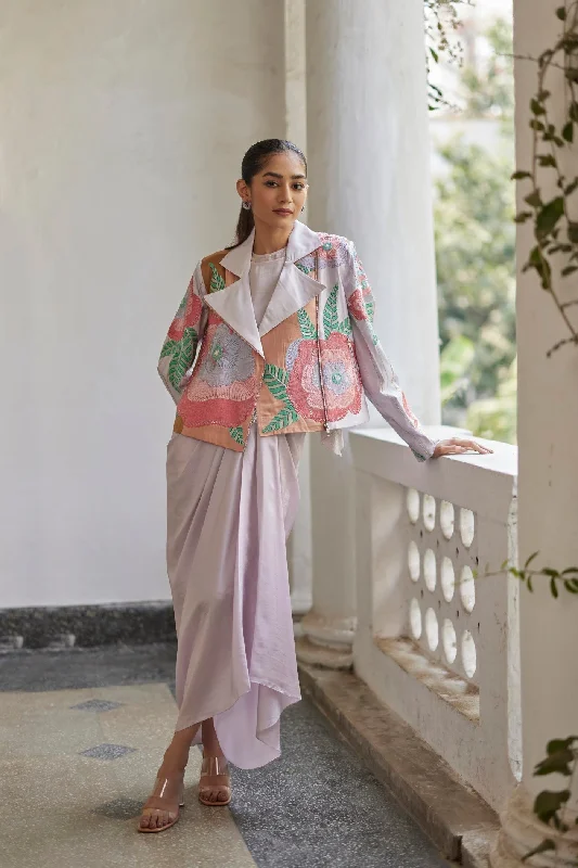 Casual linen skirts for breezy days -Lilac Floral Biker Jacket And Drape Skirt And Sequins Top Set