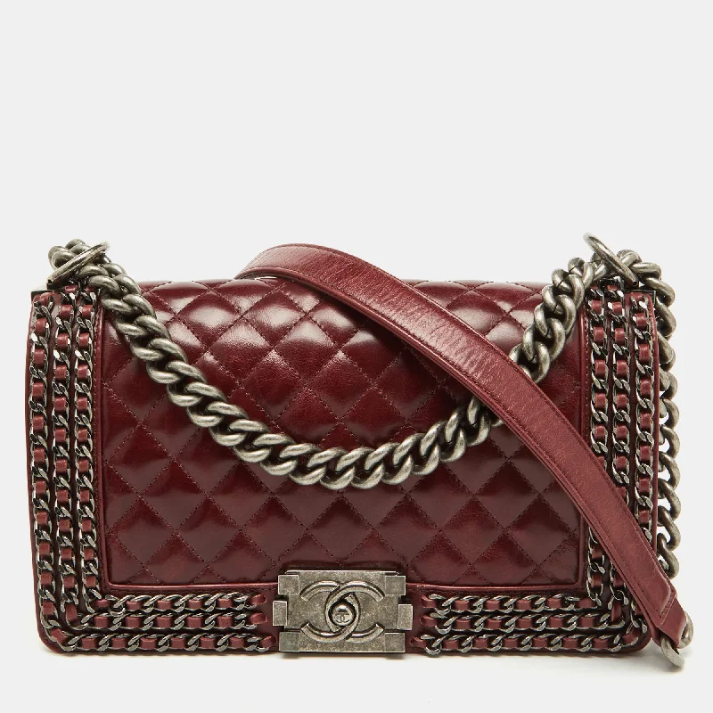 Handle bags with bold logos for branding -Chanel Burgundy Quilted Leather Medium Chain Around Boy Flap Bag