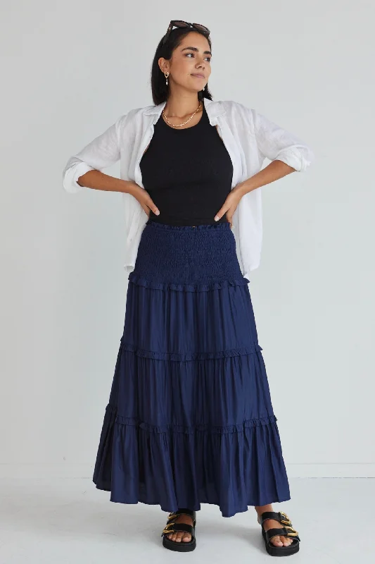 Capri Dresses for Playful -Soaring High Navy Washer Satin Shirred Waist Tiered Maxi Skirt