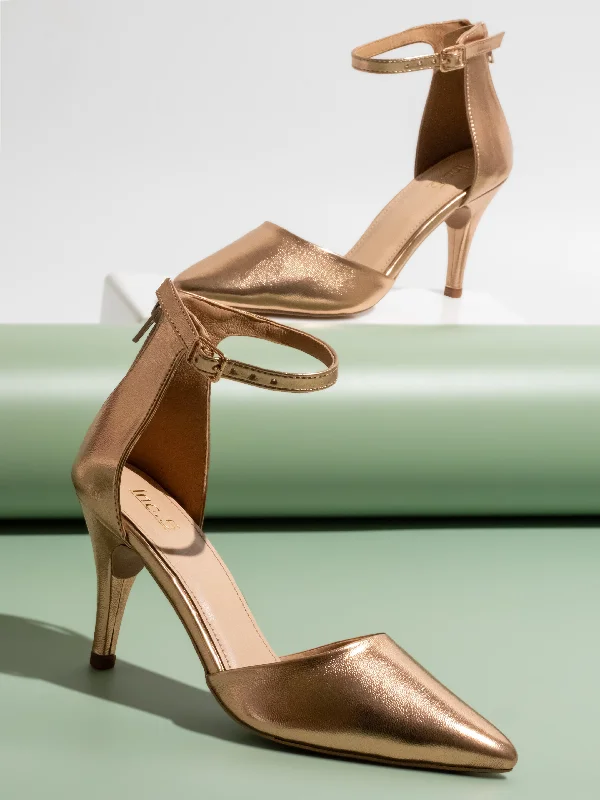 Ladies shoes featuring chevron patterns are sharp -Women Rose Gold Embellished Party Stiletto Pumps With Ankle Loop